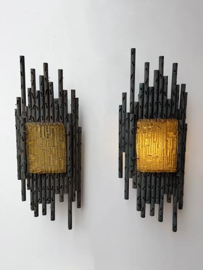 Marcello Fantoni Pair of Wrought Iron and Glass Sconces by Marcello Fantoni Italy 1970s
