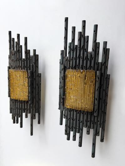 Marcello Fantoni Pair of Wrought Iron and Glass Sconces by Marcello Fantoni Italy 1970s