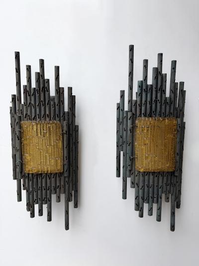 Marcello Fantoni Pair of Wrought Iron and Glass Sconces by Marcello Fantoni Italy 1970s