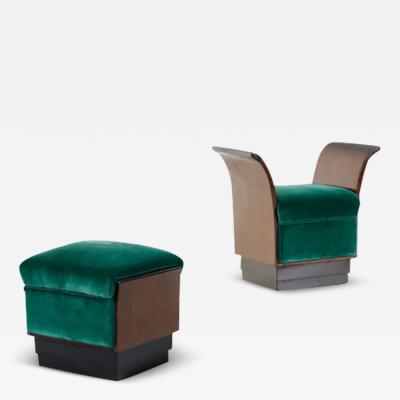 Marcello Piacentini Pair 1930s Marcello Piacentini rootwood padded velvet stools Italy