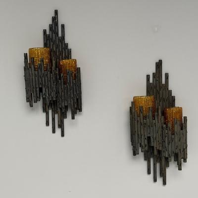Marco Fantoni Marcello Fantoni Brutalist Mid Century Modern Wall Sconces Wrought Iron Glass