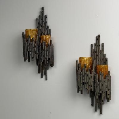 Marco Fantoni Marcello Fantoni Brutalist Mid Century Modern Wall Sconces Wrought Iron Glass