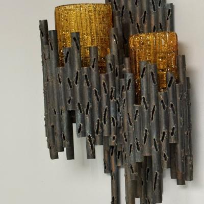 Marco Fantoni Marcello Fantoni Brutalist Mid Century Modern Wall Sconces Wrought Iron Glass