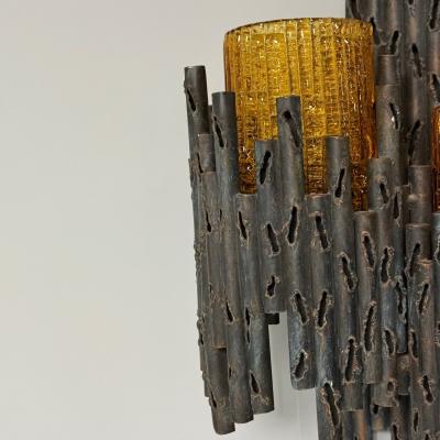 Marco Fantoni Marcello Fantoni Brutalist Mid Century Modern Wall Sconces Wrought Iron Glass