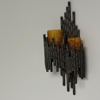 Marco Fantoni Marcello Fantoni Brutalist Mid Century Modern Wall Sconces Wrought Iron Glass