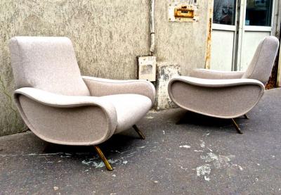 Marco Zanuso Marco Zanuso Pair of Vintage Lady Chairs Newly Recovered in Beige Wool Chine