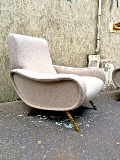 Marco Zanuso Marco Zanuso Pair of Vintage Lady Chairs Newly Recovered in Beige Wool Chine