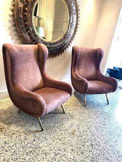 Marco Zanuso Marco Zanuso Senior Armchairs for Arflex in Opaque Rose Suede Leather Pair