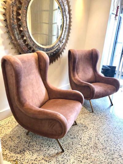 Marco Zanuso Marco Zanuso Senior Armchairs for Arflex in Opaque Rose Suede Leather Pair