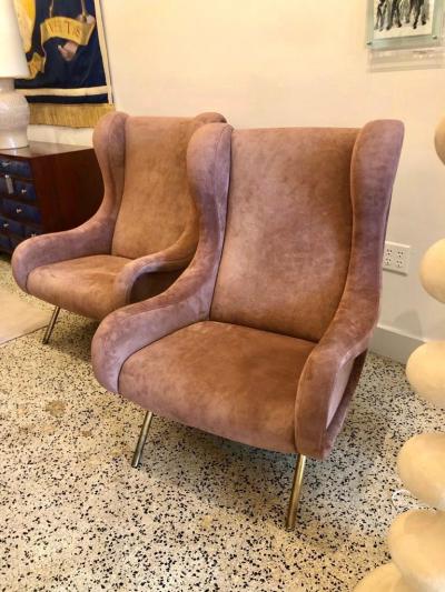 Marco Zanuso Marco Zanuso Senior Armchairs for Arflex in Opaque Rose Suede Leather Pair