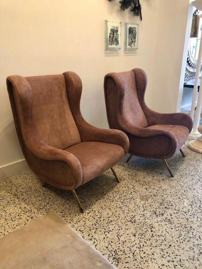 Marco Zanuso Marco Zanuso Senior Armchairs for Arflex in Opaque Rose Suede Leather Pair