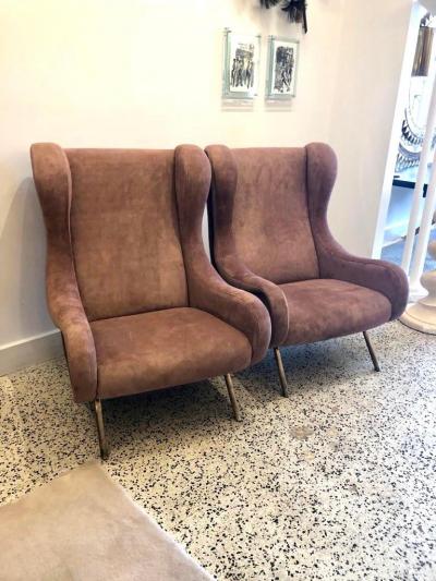 Marco Zanuso Marco Zanuso Senior Armchairs for Arflex in Opaque Rose Suede Leather Pair