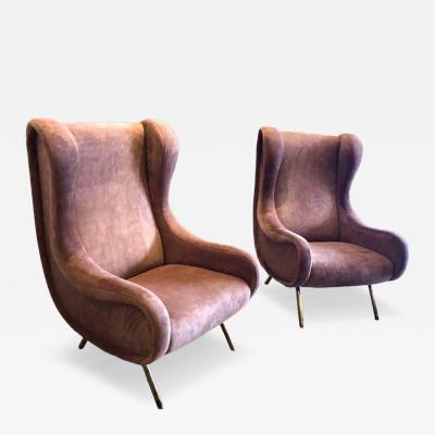 Marco Zanuso Marco Zanuso Senior Armchairs for Arflex in Opaque Rose Suede Leather Pair