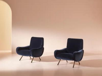 Marco Zanuso Marco Zanuso for Arflex Italy Pair of Lady Armchairs in Blue Cotton Velvet