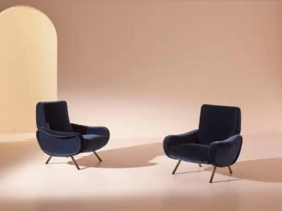 Marco Zanuso Marco Zanuso for Arflex Italy Pair of Lady Armchairs in Blue Cotton Velvet