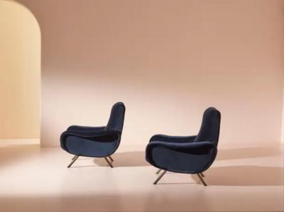 Marco Zanuso Marco Zanuso for Arflex Italy Pair of Lady Armchairs in Blue Cotton Velvet