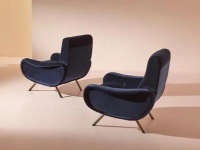 Marco Zanuso Marco Zanuso for Arflex Italy Pair of Lady Armchairs in Blue Cotton Velvet