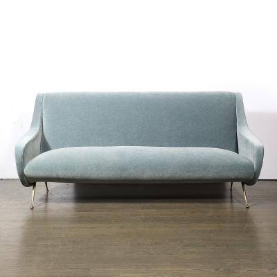 Marco Zanuso Mid Century Lady Sofa in Powder Blue Velvet Mohair Brass Legs by Marco Zanuso