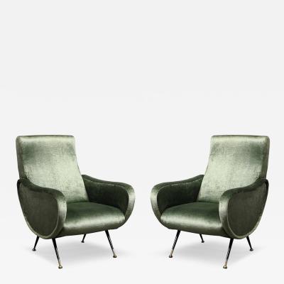 Marco Zanuso Mid Century Modernist Lady Arm Chairs in Eucalyptus Velvet by Marco Zanuso