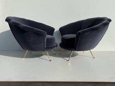Marco Zanuso Pair Scalloped Back Velvet Lounge Chairs with Brass Legs