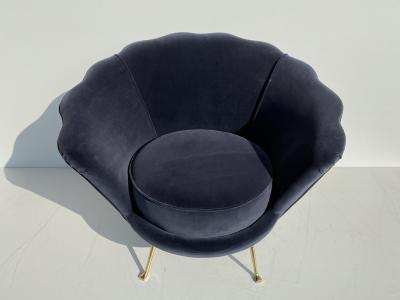 Marco Zanuso Pair Scalloped Back Velvet Lounge Chairs with Brass Legs