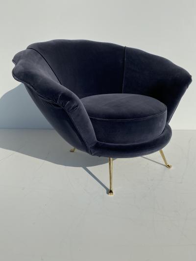 Marco Zanuso Pair Scalloped Back Velvet Lounge Chairs with Brass Legs