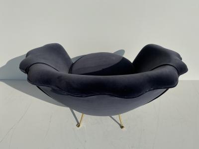 Marco Zanuso Pair Scalloped Back Velvet Lounge Chairs with Brass Legs