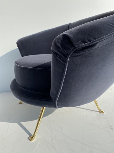 Marco Zanuso Pair Scalloped Back Velvet Lounge Chairs with Brass Legs