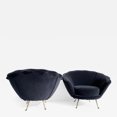 Marco Zanuso Pair Scalloped Back Velvet Lounge Chairs with Brass Legs