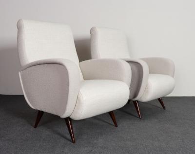 Marco Zanuso Pair of Italian Walnut and Gray and White Tweed Club Chairs after Marco Zanuso