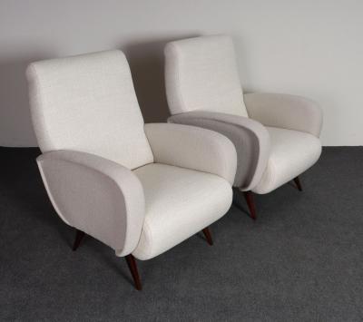 Marco Zanuso Pair of Italian Walnut and Gray and White Tweed Club Chairs after Marco Zanuso