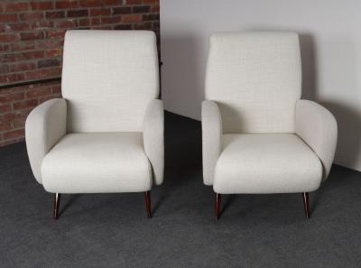 Marco Zanuso Pair of Italian Walnut and Gray and White Tweed Club Chairs after Marco Zanuso