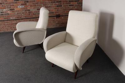 Marco Zanuso Pair of Italian Walnut and Gray and White Tweed Club Chairs after Marco Zanuso