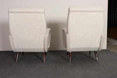 Marco Zanuso Pair of Italian Walnut and Gray and White Tweed Club Chairs after Marco Zanuso