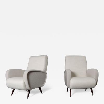 Marco Zanuso Pair of Italian Walnut and Gray and White Tweed Club Chairs after Marco Zanuso