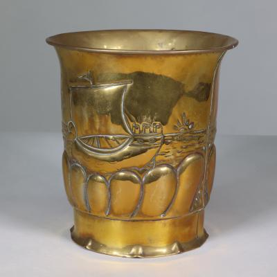 Margaret Gilmour Margaret Gilmour School An Arts Crafts Brass Planter with a Galleon at Sea