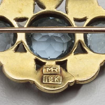 Margaret Rogers American Arts Crafts Gold Brooch with Aquamarines Pearls by Margaret Rogers