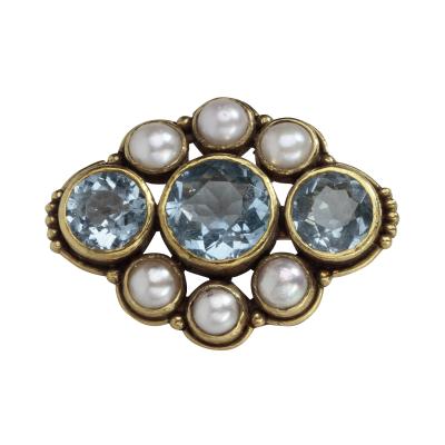 Margaret Rogers American Arts Crafts Gold Brooch with Aquamarines Pearls by Margaret Rogers