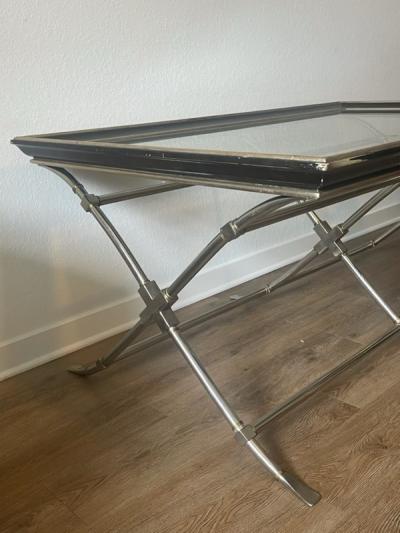 Marge Carson MODERN NEOCLASSICAL BRUSHED NICKEL AND BRASS TRIPLE X BASE COFFEE TABLE