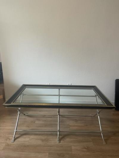 Marge Carson MODERN NEOCLASSICAL BRUSHED NICKEL AND BRASS TRIPLE X BASE COFFEE TABLE