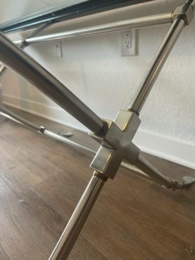Marge Carson MODERN NEOCLASSICAL BRUSHED NICKEL AND BRASS TRIPLE X BASE COFFEE TABLE
