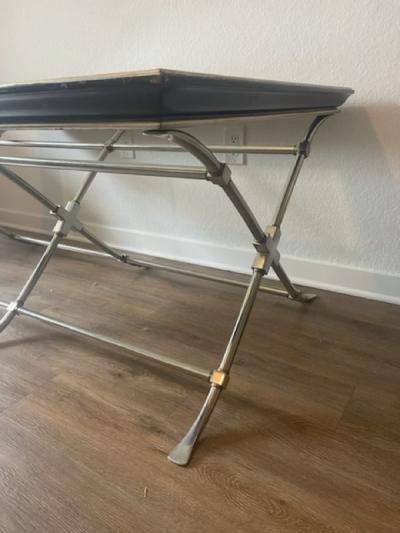 Marge Carson MODERN NEOCLASSICAL BRUSHED NICKEL AND BRASS TRIPLE X BASE COFFEE TABLE