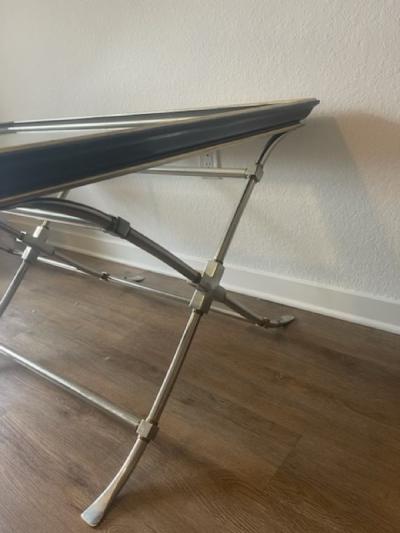 Marge Carson MODERN NEOCLASSICAL BRUSHED NICKEL AND BRASS TRIPLE X BASE COFFEE TABLE