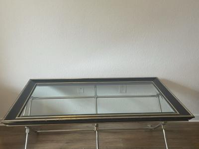 Marge Carson MODERN NEOCLASSICAL BRUSHED NICKEL AND BRASS TRIPLE X BASE COFFEE TABLE