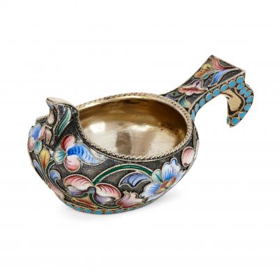 Maria Semenova Antique pair of silver gilt and enamel Kovshes by Semenova