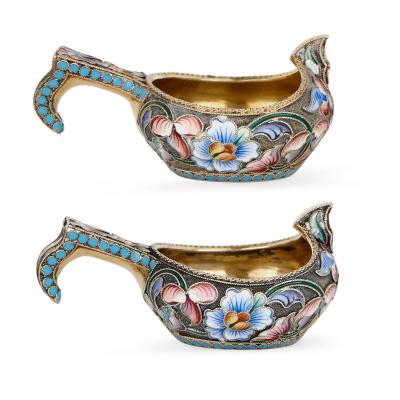 Maria Semenova Antique pair of silver gilt and enamel Kovshes by Semenova