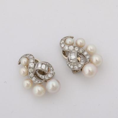 Marianne Ostier Mid Century signed Marianne Ostier Platinum Cultured Pearl Diamond Earrings