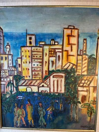 Mariano Rodriguez EXCEPTIONAL ABSTRACT CITY VILLAGE SCENE PAINTING AFTER MARIANO RODRIGUEZ