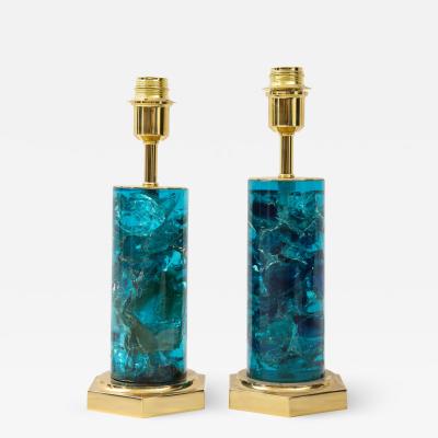 Marie Claude de Fouqui res Near Pair of Blue Crushed Ice Resin Lamps by Marie Claude de Fouquieres 1970s