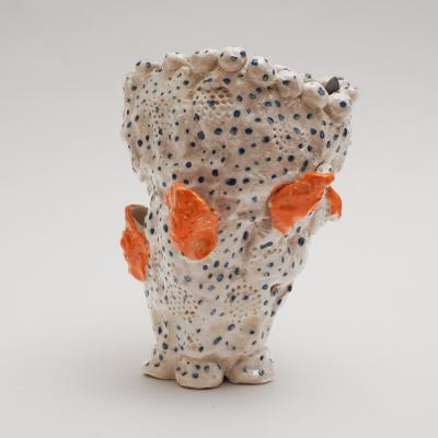 Marie Pierre Biau SHELL VASE 5 BLUE WHITE AND ORANGE Glazed sandstone sculpture